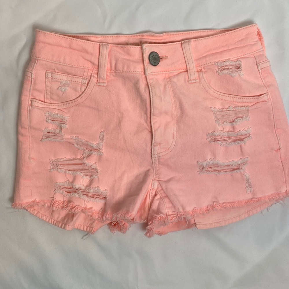 American Eagle outfitters shorts, super stretch X, sz 0, fringe hem, distressed